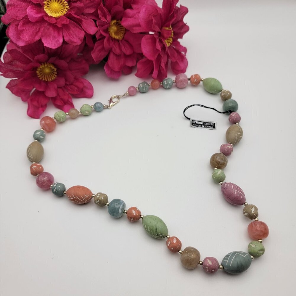 Vtg. Lucite Beaded Necklace Multicolor Pastel Silver-Tone 24 Inch Lobster Clasp